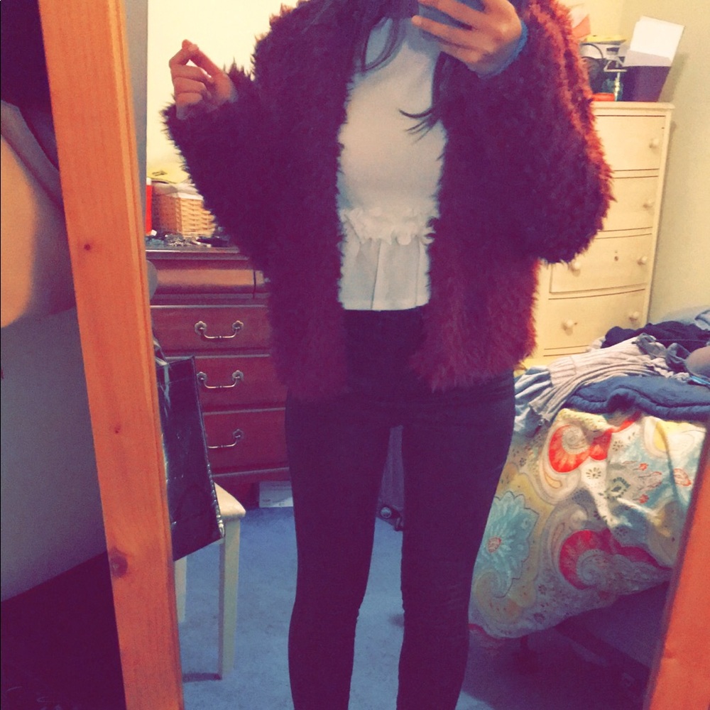 ASOS sheer white top and black coated jeans